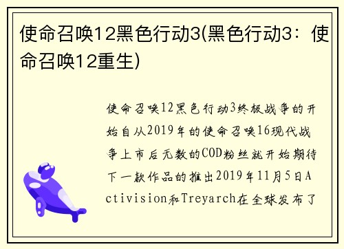 使命召唤12黑色行动3(黑色行动3：使命召唤12重生)